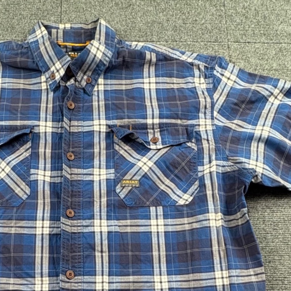 Ariat Rebar Mens Large Blue White Plaid Short Sleeve Button Down Work Shirt